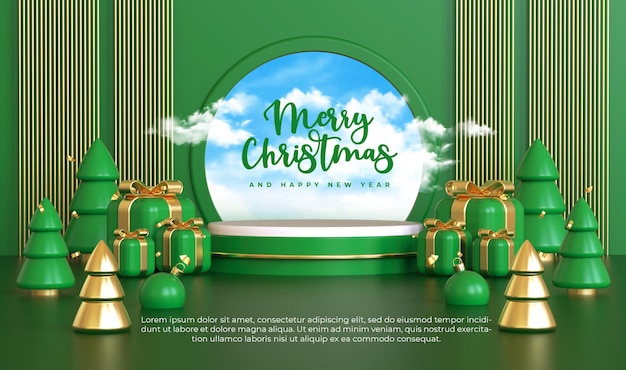 Feliz navidad y próspero año nuevo con la exhibición de productos de podio vacío 3d y adornos navideños