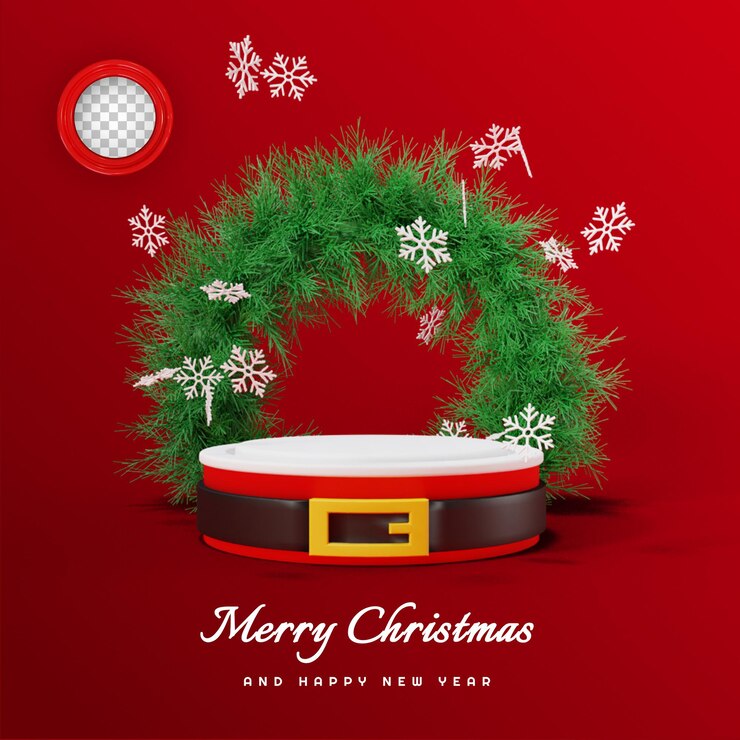 PSD feliz navidad y próspero año nuevo con podio 3d y corona de hierba psd gratuito
