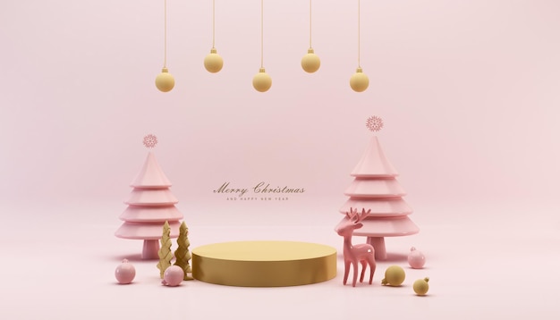 Feliz navidad y próspero año nuevo con podio vacío 3d y adornos navideños