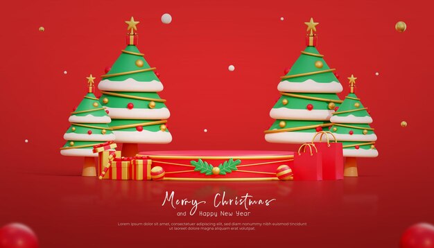 Feliz navidad y próspero año nuevo con podio vacío 3d y adornos navideños