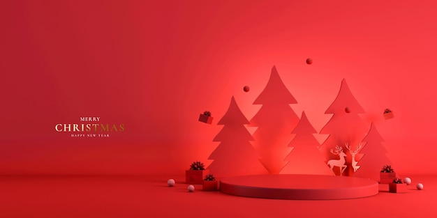 Feliz navidad y próspero año nuevo con podio vacío 3d y adornos navideños