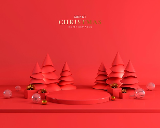 Feliz navidad y próspero año nuevo con podio vacío 3d y adornos navideños