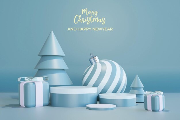 Feliz navidad y próspero año nuevo con podio vacío 3d y adornos navideños