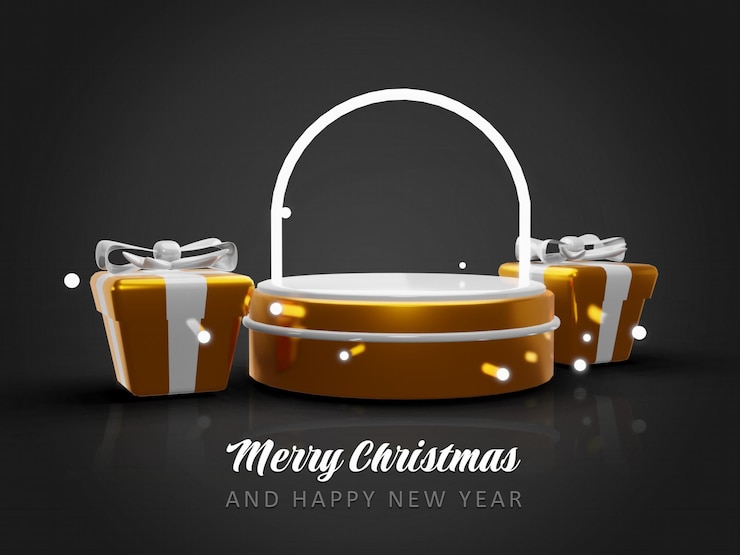 PSD feliz navidad y próspero año nuevo con podio vacío 3d y fondo de adornos navideños