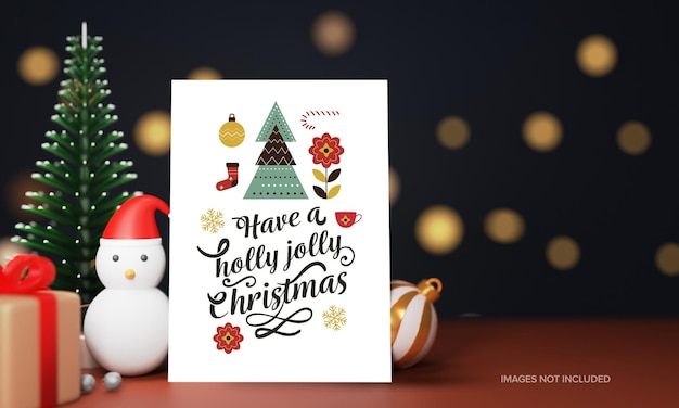 PSD feliz navidad tarjeta de felicitación con muñeco de nieve 3d caja de regalo adorno y abeto en bokeh desenfoque de fondo