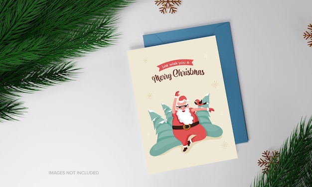 Feliz Navidad Tarjeta De Felicitación Con Roca Santa Claus Árboles De Navidad Y Hojas De Abeto Sobre Fondo Gris