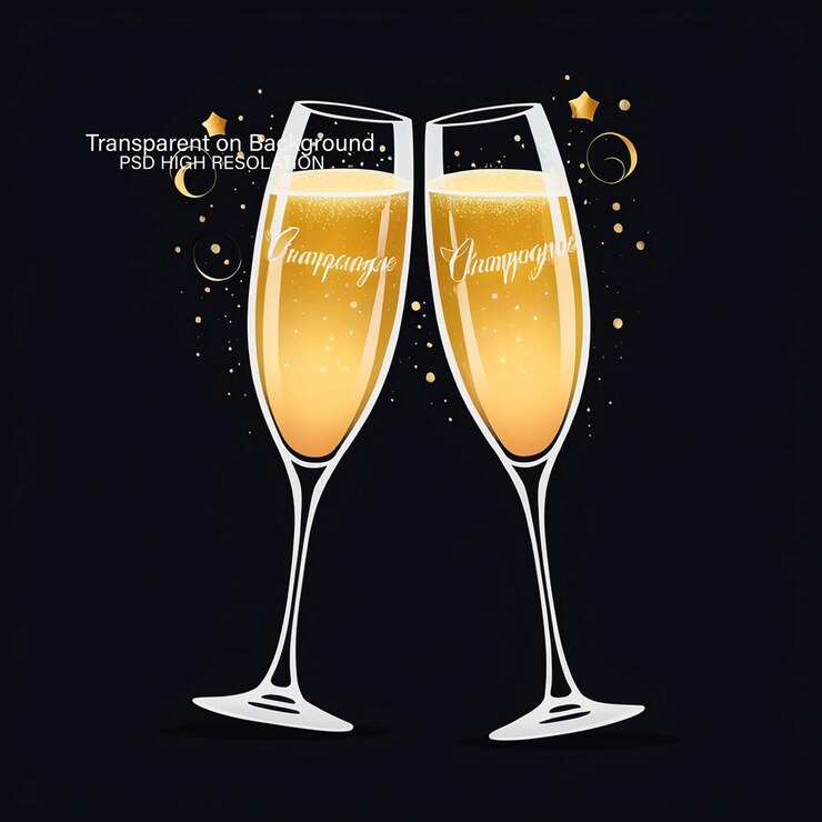 PSD feliz navidad con vasos de champán diseño de cartel sobre fondo transparente