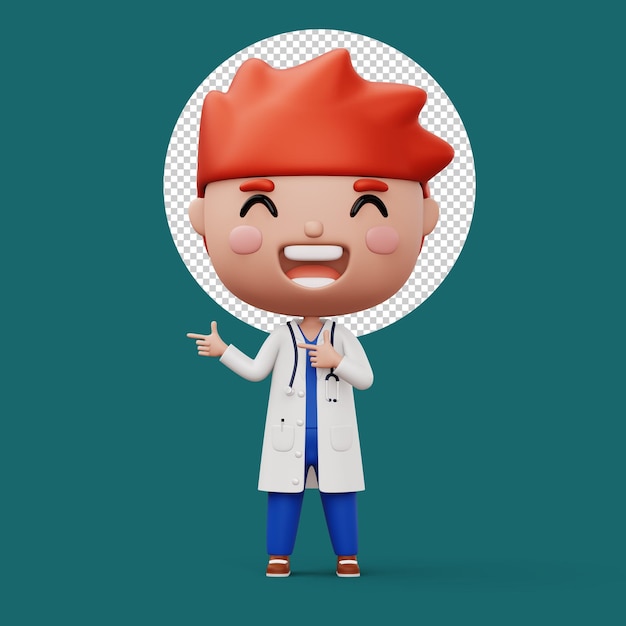 PSD feliz niño doctor niño doctor señalando con el dedo ocupación niño personaje representación 3d