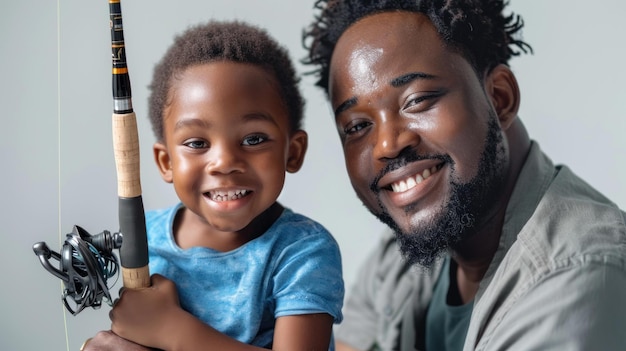 Feliz padre e hijo afroamericanos sosteniendo una caña de pescar sonriendo a la cámara