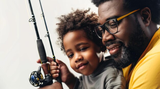 Feliz padre y hijo negros con caña de pescar