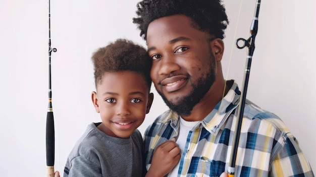 Feliz padre y hijo negros sosteniendo cañas de pescar sonriendo a la cámara