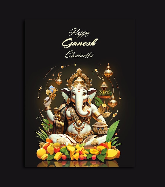 PSD feliz pancarta de celebración de ganesh chaturthi con elefante sentado cerca de frutas y linternas doradas