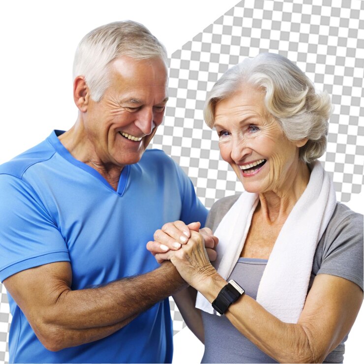 PSD una feliz pareja de ancianos sonriendo y abrazándose juntos aislados en un fondo transparente