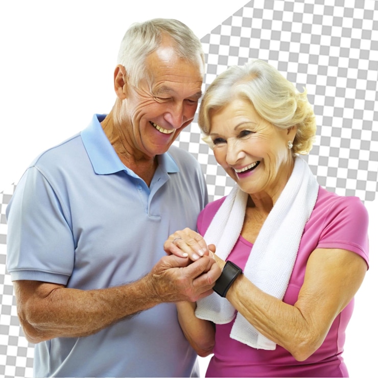 PSD una feliz pareja de ancianos sonriendo y abrazándose juntos aislados en un fondo transparente