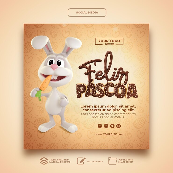PSD feliz páscoa 3d renderização nas redes sociais no brasil