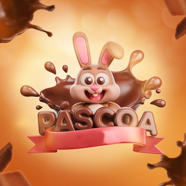 Feliz Páscoa com um coelho de chocolate 3D