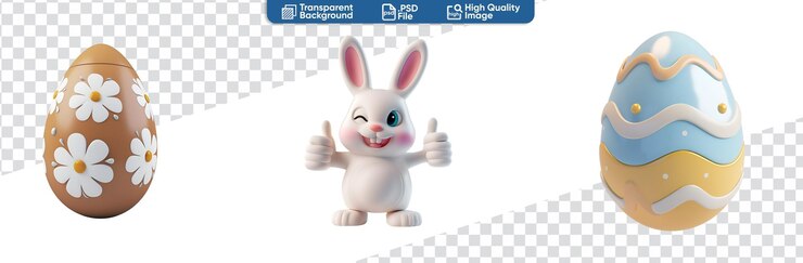 PSD feliz pascua con un conjunto de conejo 3d y huevos de pascua render 3d de dibujos animados.
