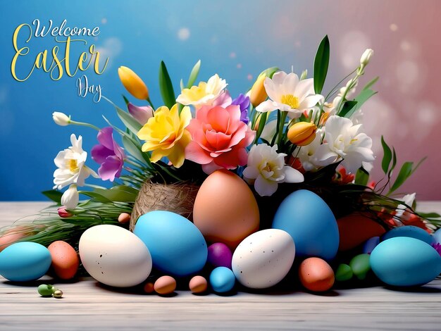 Feliz pascua felicitatoria pascua colorido fondo huevos de pascua conejo y flores