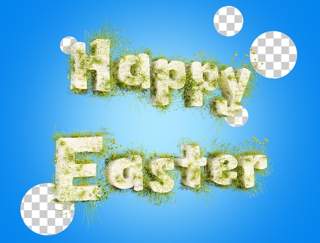 Feliz Pascua texto cubierto con flores y hierba 3d render Feliz Pascua inscripción hierba cubierta