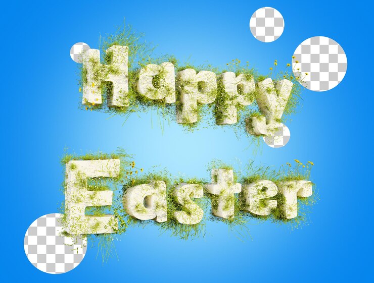 PSD feliz pascua texto cubierto con flores y hierba 3d render feliz pascua inscripción hierba cubierta