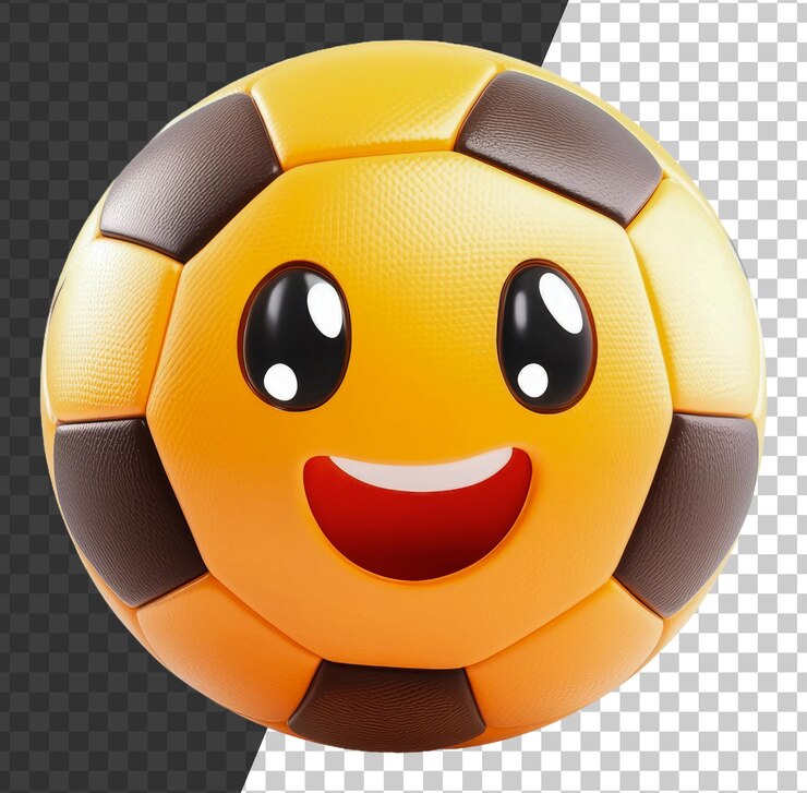 PSD feliz pelota de fútbol con cara de dibujos animados en la luz del sol cortado stock png