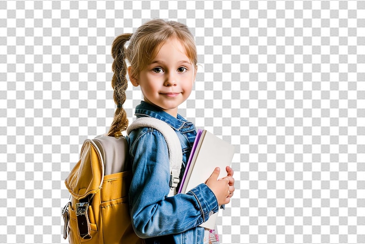 PSD feliz pequena estudante inteligente com livro e bolsa em fundo branco isolado