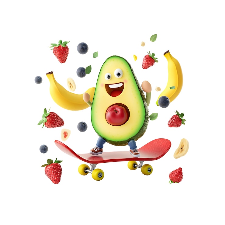 PSD feliz personaje de aguacate patinando con frutas