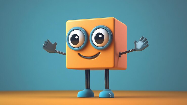 PSD feliz personaje de dibujos animados de cubo naranja con ojos grandes y brazos abiertos