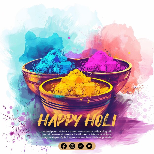 Feliz plantilla de póster del festival de Holi con cuencos de color polvo de Holi en un fondo multicolor