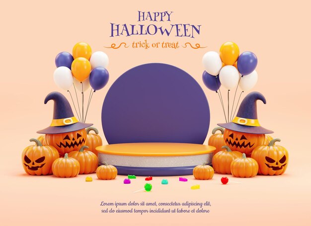 Feliz plataforma de podio de Halloween con material de fiesta para volante o diseño de fondo de tarjeta de felicitación en representación 3D
