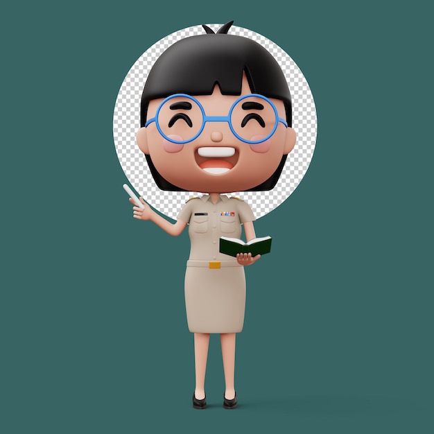 Feliz professor tailandês vestindo uniforme de funcionário público segurando um giz branco e um livro renderização em 3d