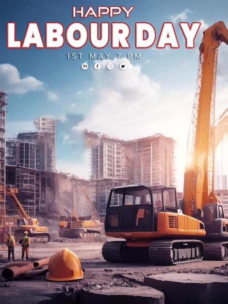 Feliz publicación en las redes sociales laboristas con diseño de sombrero de trabajador de la construcción