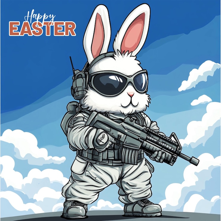 PSD feliz publicación social de pascua con un conejo de dibujos animados con gafas de sol y un arma