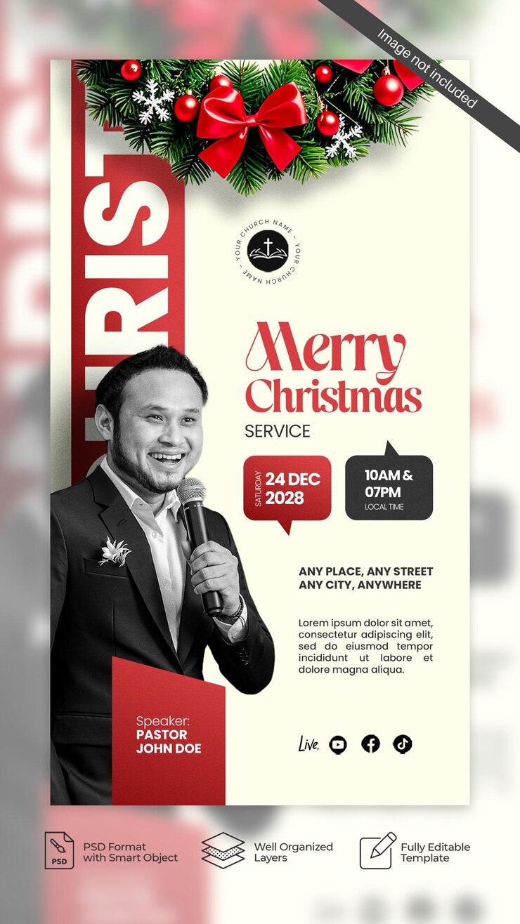 PSD feliz servicio de navidad diseño de la iglesia historia de redes sociales y plantilla de volante 01