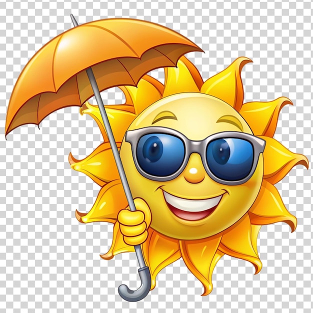 PSD feliz sol con gafas de sol y paraguas de dibujos animados aislados sobre un fondo transparente