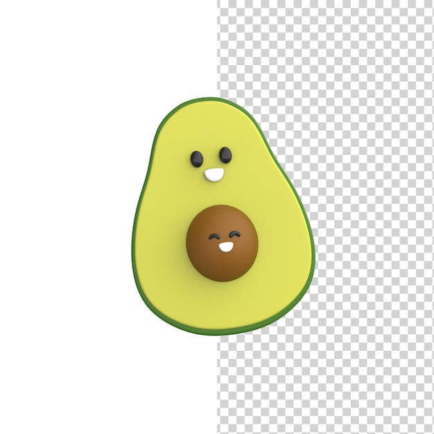 Feliz sonriente rebanada de aguacate con una sola semilla grande modelo de renderizado 3D