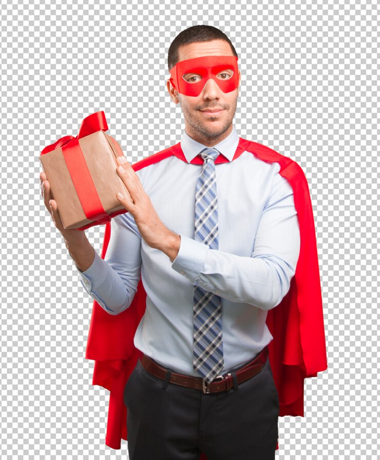 PSD feliz super hombre de negocios con un regalo