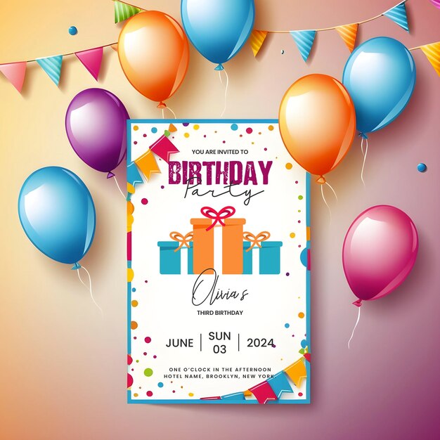 PSD feliz tarjeta de invitación a la fiesta de cumpleaños completamente editable