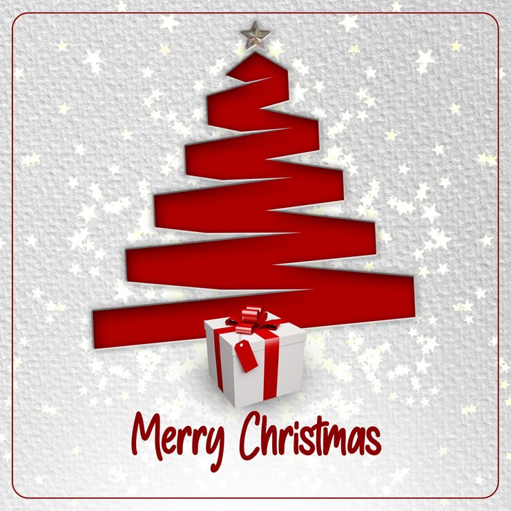 PSD feliz tarjeta de navidad árbol estilizado rojo con paquete de regalos