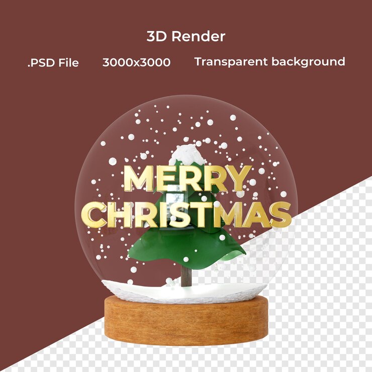 PSD feliz texto de natal em um globo de neve em renderização 3d de fundo transparente
