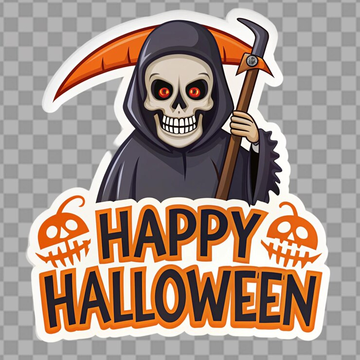 PSD feliz texto de halloween pegatina de la muerte aislada en un fondo transparente