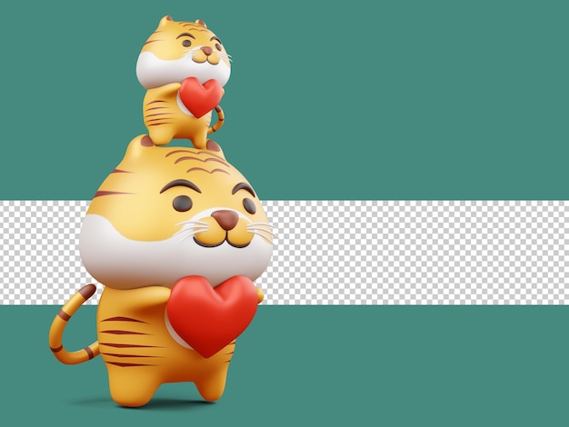 Feliz tigre com coração, dia dos namorados, ilustração de renderização 3d