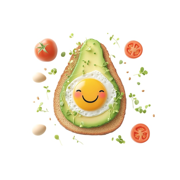Feliz tostada de aguacate con huevo frito y hierbas frescas
