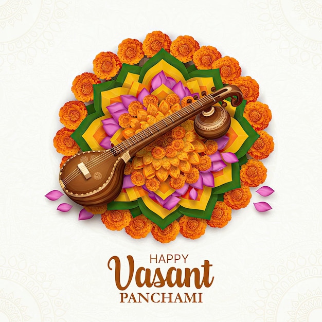 Feliz Vasant Panchami Tarjeta de felicitación y correo Ma Saraswati Pooja con texto y fondo de Sitar