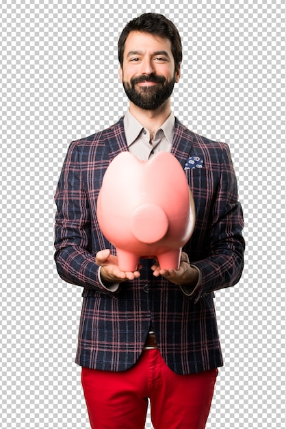 Feliz, vestido homem, segurando, um, piggybank