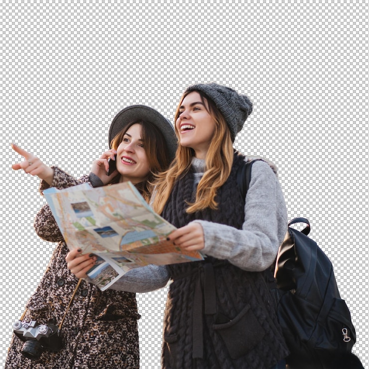 PSD feliz viaje juntos de dos mujeres de moda en el soleado centro de la ciudad mujeres jóvenes alegres expresando positividad usando el mapa vacaciones con bolsas emociones alegres buen día