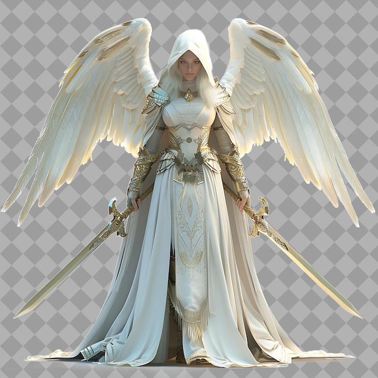 PSD female angel heaven sent warrior with ethereal form white ro isolated high quality character render