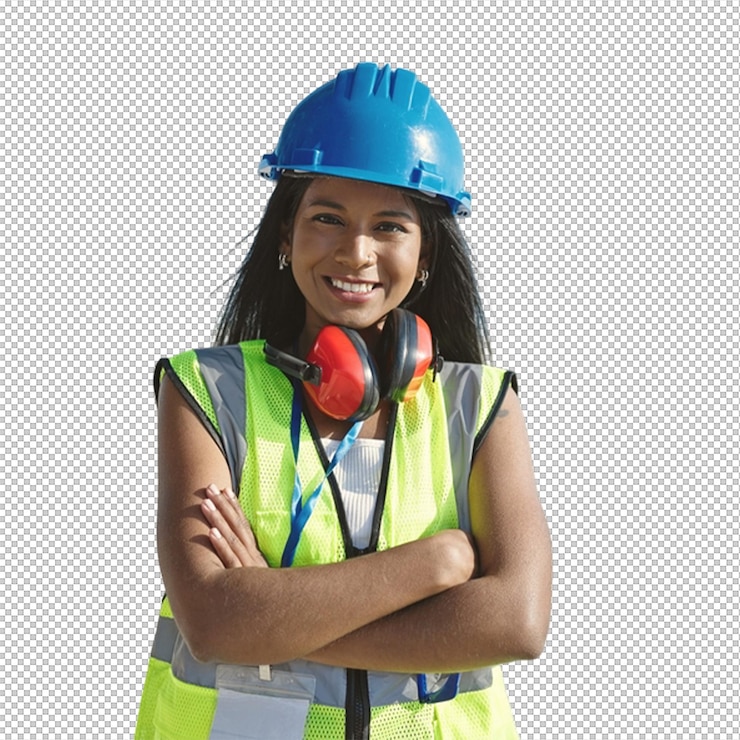 PSD female construction worker with crossed arms wearing a hard hat and safety vest