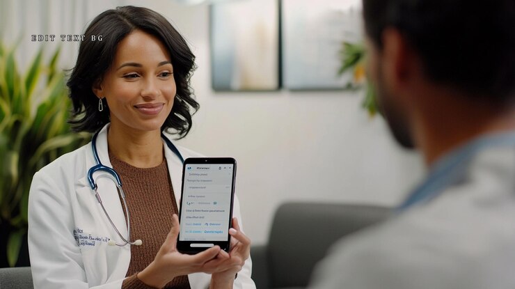 PSD female doctor showing medical data on tablet to patient