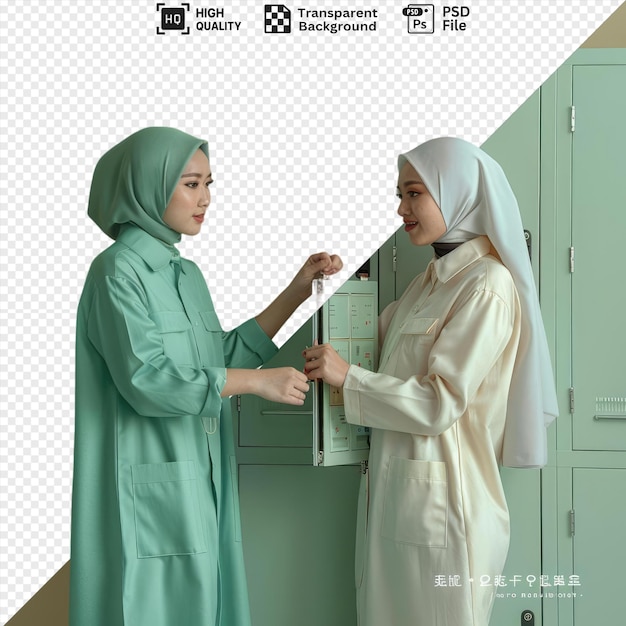 PSD female employee and her colleague opening their section lockers in front of a white wall with a green cabinet in the background